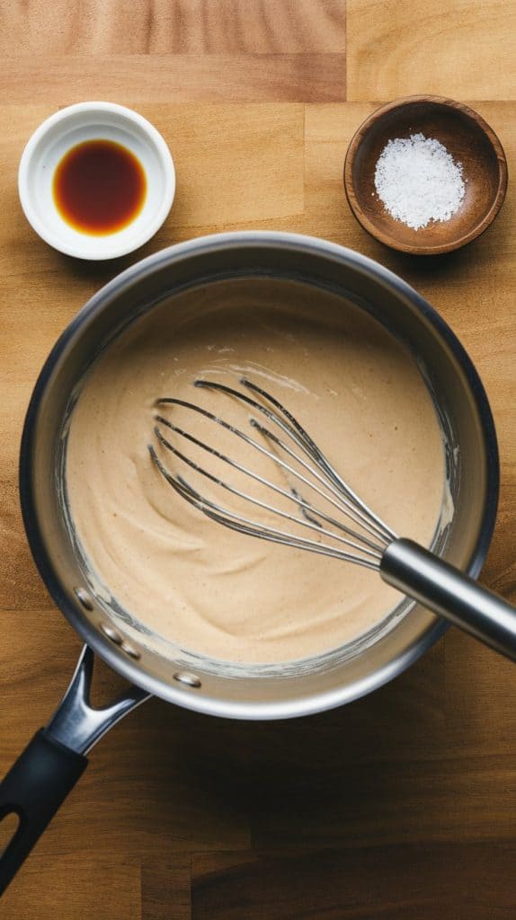 A saucepan off the heat with a whisk mixing in vanilla extract and salt into the creamy mixture