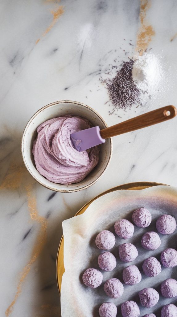 A small bowl with creamy lavender filling being mixed with a spatula, with ground lavender and powdered sugar nearby