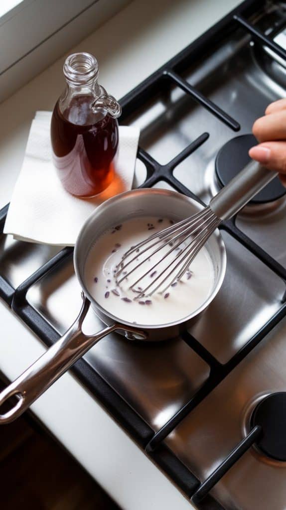 A small saucepan of warm milk with lavender syrup being stirred in, with a whisk, syrup bottle, and napkin nearby on a stovetop.