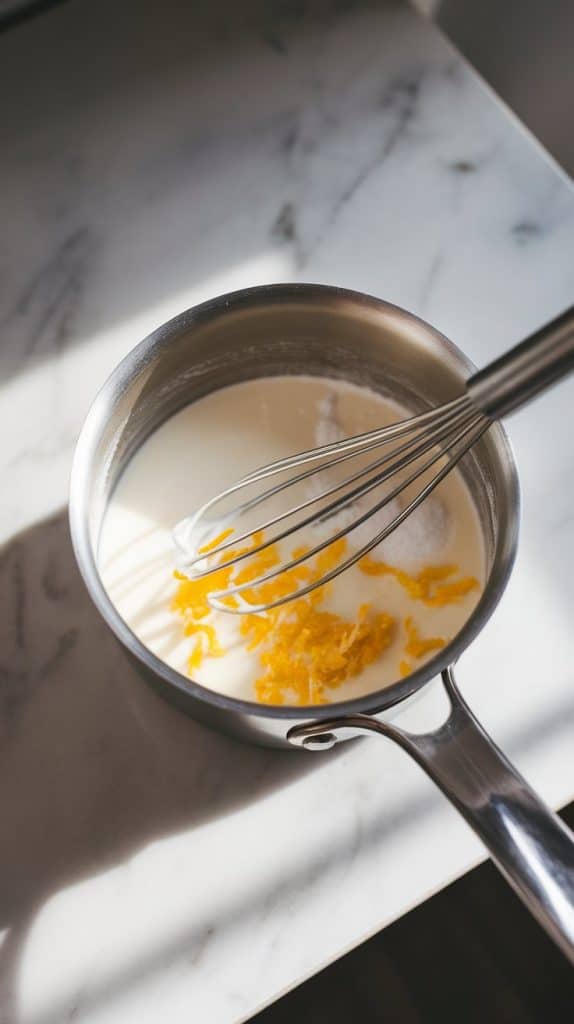 A small saucepan on a white marble counter with heavy cream, milk, sugar, and lemon zest being whisked together