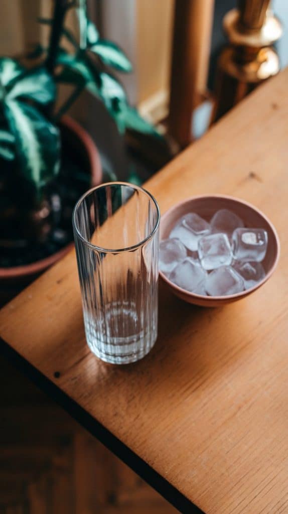 A tall glass being filled with ice cubes, with coconut milk and a small espresso cup nearby on a marble counter with hints of gold.