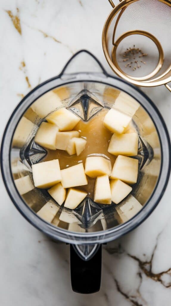 A blender filled with diced pear, honey, and lemon juice, blending into a smooth puree. A fine mesh strainer and a small bowl are nearby, ready for straining.
