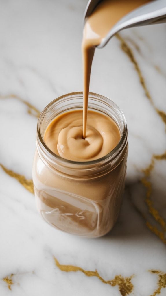 A mason jar being filled with freshly made tiramisu coffee creamer, well blended to a smooth, creamy, light caramel color
