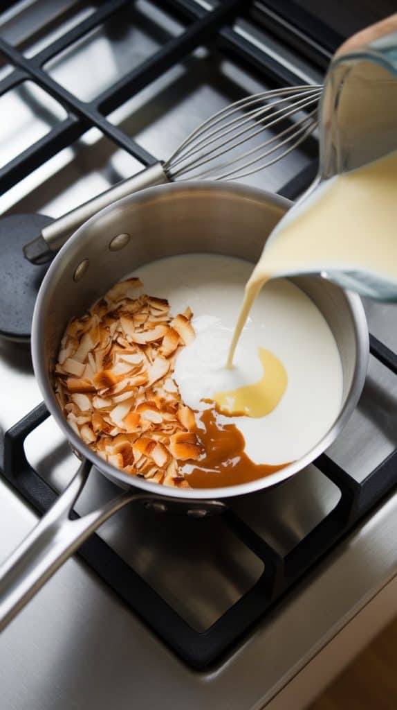 A medium saucepan on a modern stainless steel gas stove with toasted coconut, heavy cream, milk, and sweetened condensed milk being po