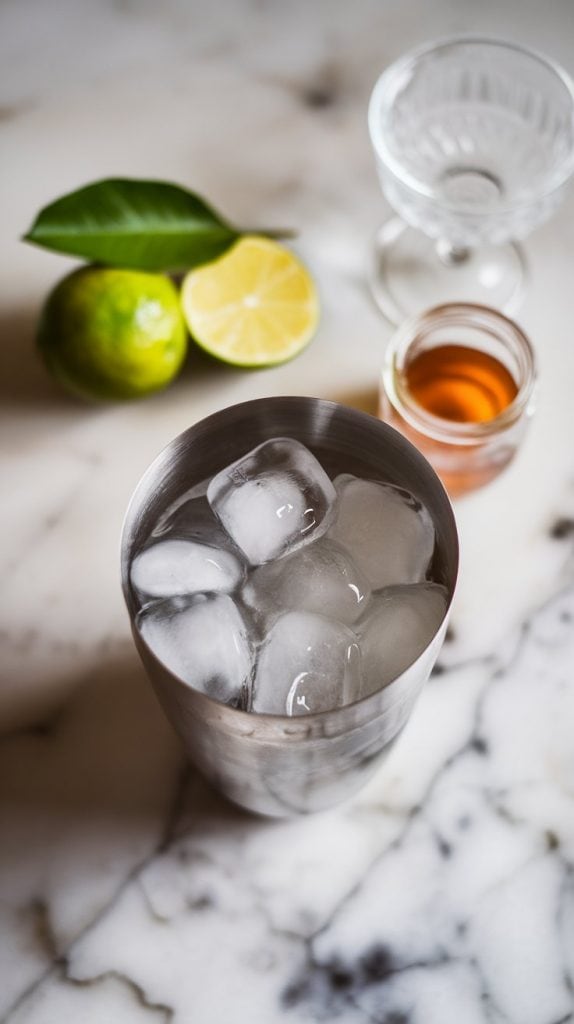 A shaker filled with ice cubes, placed on a white marble countertop with a fresh lime, a small jar of simple syrup, and a coupe glass in the background