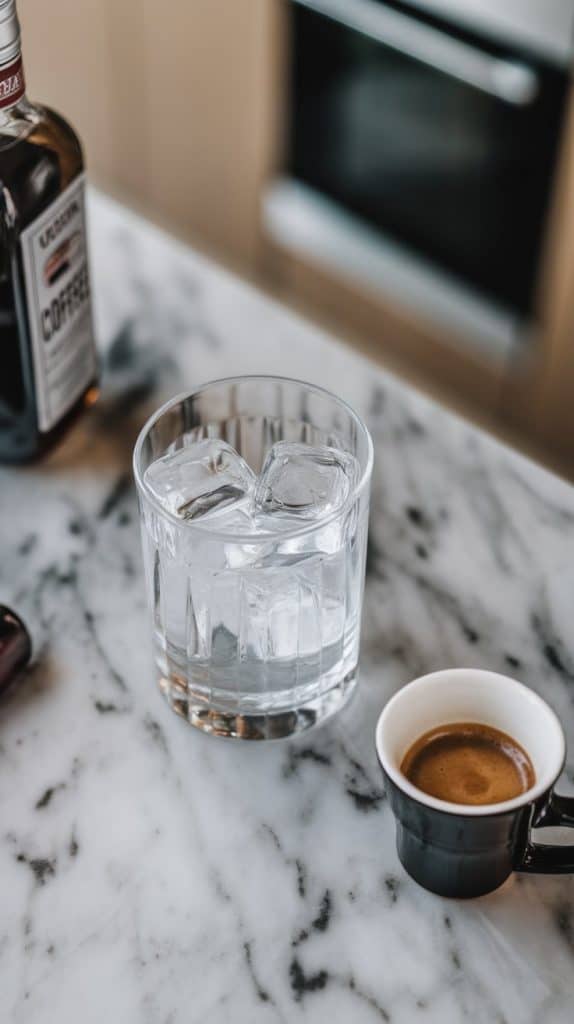 A sleek rocks glass being filled with clear ice cubes, set on a marble counter with bottles of vodka, coffee liqueur, and a freshly brewed espresso shot nearby.
