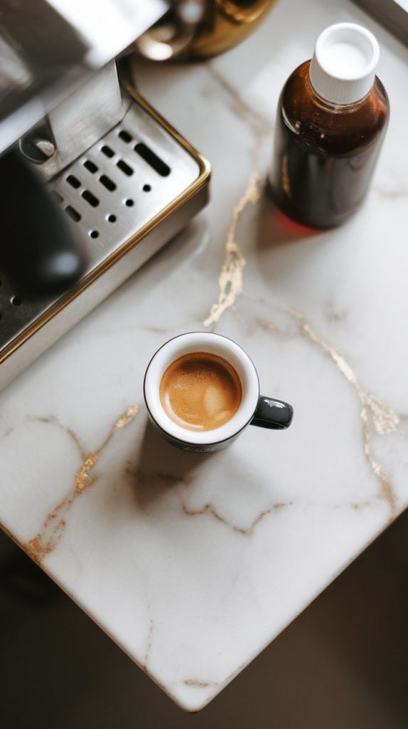 A small espresso cup of freshly brewed espresso set on a white marble counter with hints of gold, with a coffee maker and syrup bottle nearby.