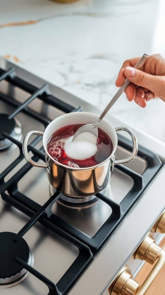 A small pot on a modern stainless steel gas stove with vibrant red hibiscus tea steeping. A spoon stirs sugar into the pot.