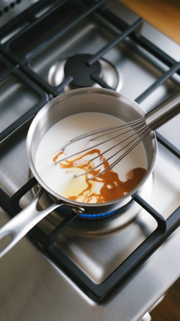 A small saucepan on a modern stainless steel gas stove, filled with milk, cream, and sweetened condensed milk being stirred with a whisk