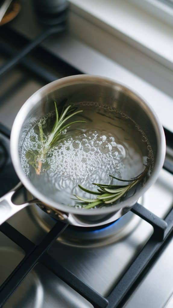 a small saucepan with water, sugar, and rosemary sprigs simmering, sugar crystals dissolving in the bubbling liquid