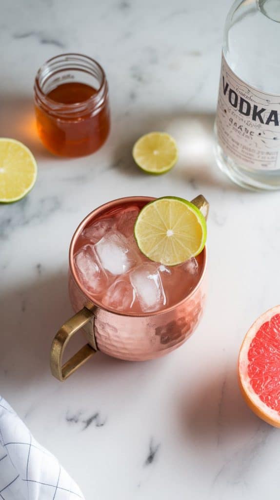 A copper mug being filled with vodka, fresh grapefruit juice, and lime juice over crushed ice. A small jar of honey and a bottle of vodka sit nearby.