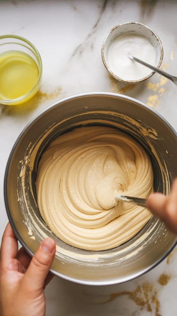 A mixing bowl with a smooth lemon cake batter being gently folded, with a small bowl of lemon juice and yogurt nearby