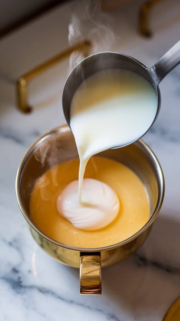 a ladle pouring warm milk into a pale yellow egg yolk mixture in a mixing bowl