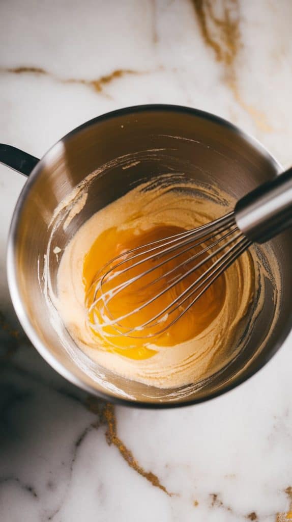 a mixing bowl with whisked egg yolks and sugar