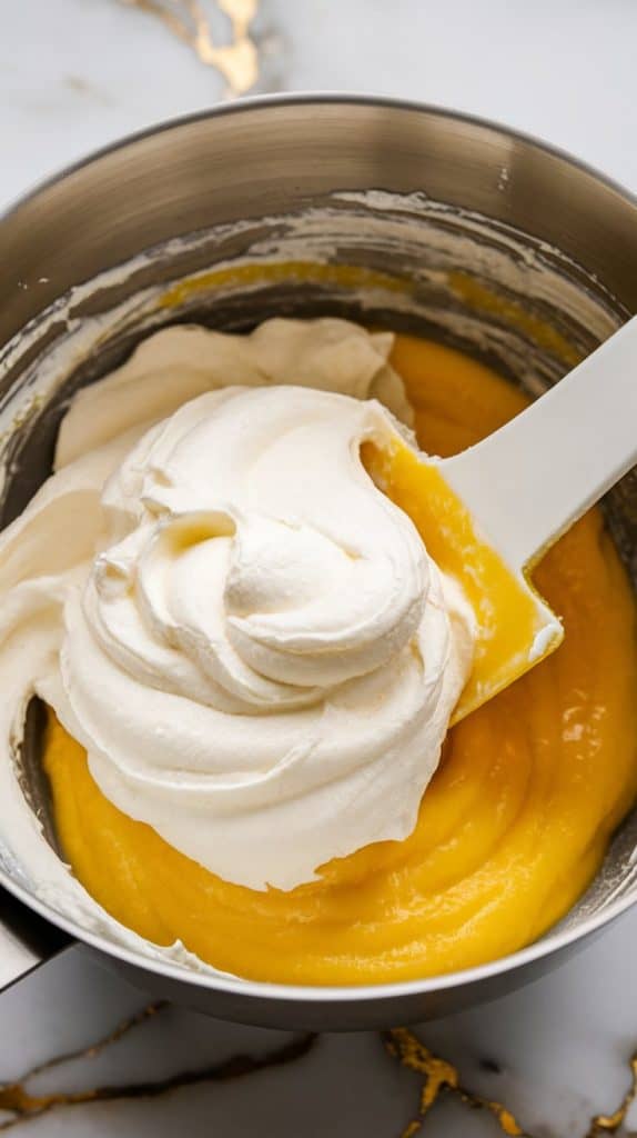 a mixing bowl with fluffy whipped cream being folded into bright yellow Meyer lemon curd using a spatula
