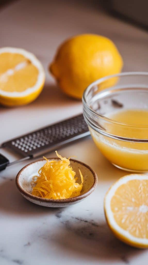 zested and juiced Meyer lemon, with zest in a small dish and juice in a glass bowl
