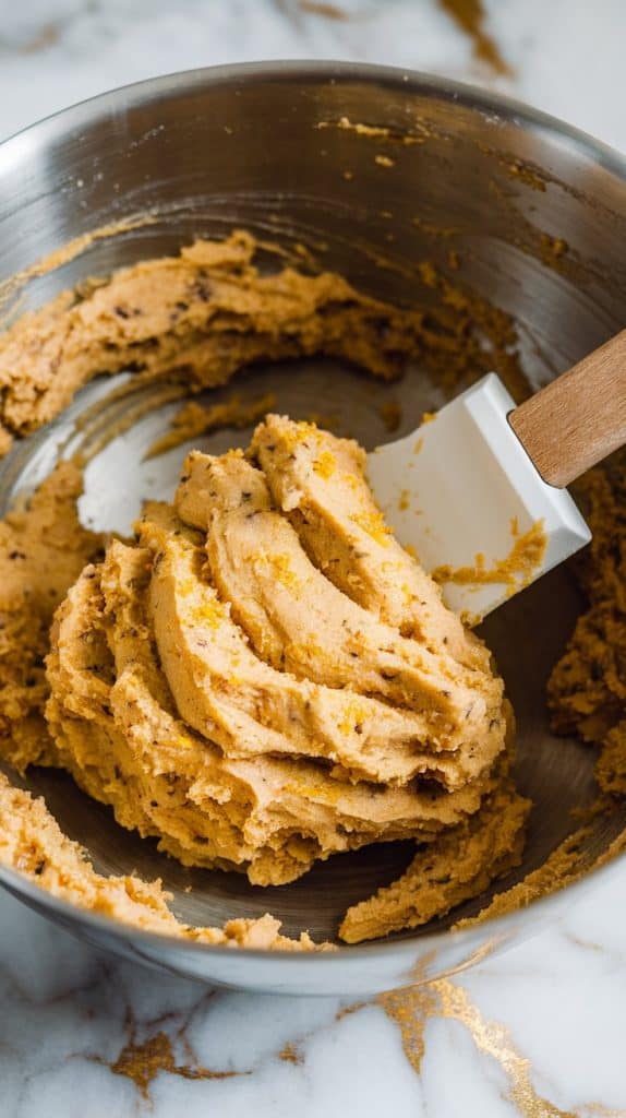 Ultra close-up of cookie dough being mixed with a spatula in a large bowl