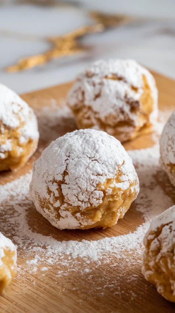 cookie dough balls being rolled in powdered sugar on a wooden cutting board