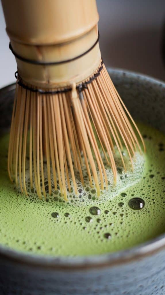 A super close-up, top-down shot of a bamboo whisk frothing bright green matcha in a small bowl