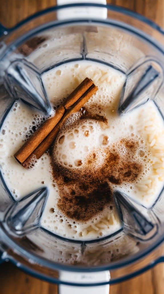 A super close-up, top-down shot of a blender filled with white rice, cinnamon stick, milk, and vanilla extract