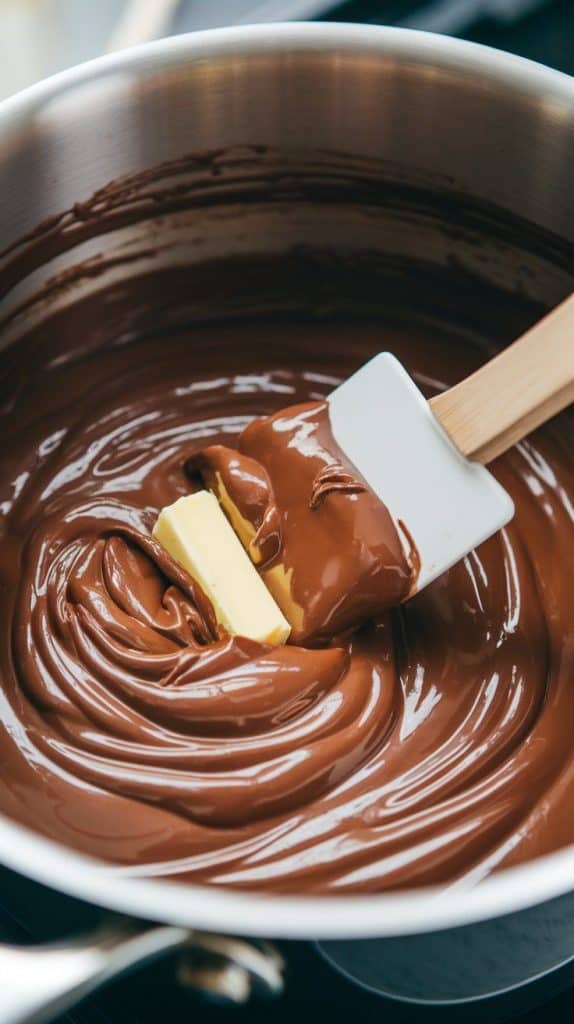 A super close-up shot of a spatula stirring melted chocolate, sweetened condensed milk, and butter in a saucepan