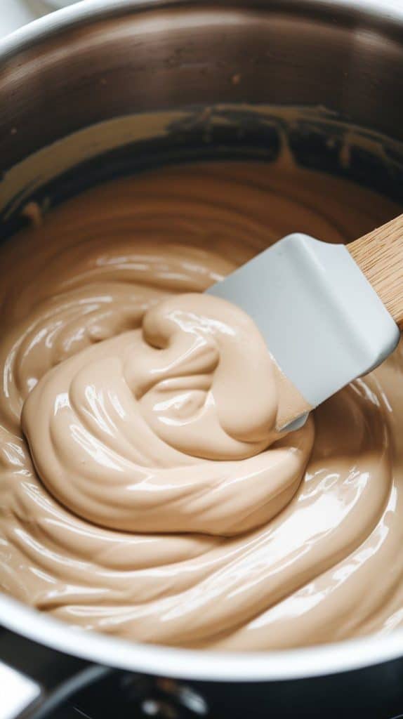 A super close-up shot of a spatula stirring melted white chocolate, sweetened condensed milk, and butter