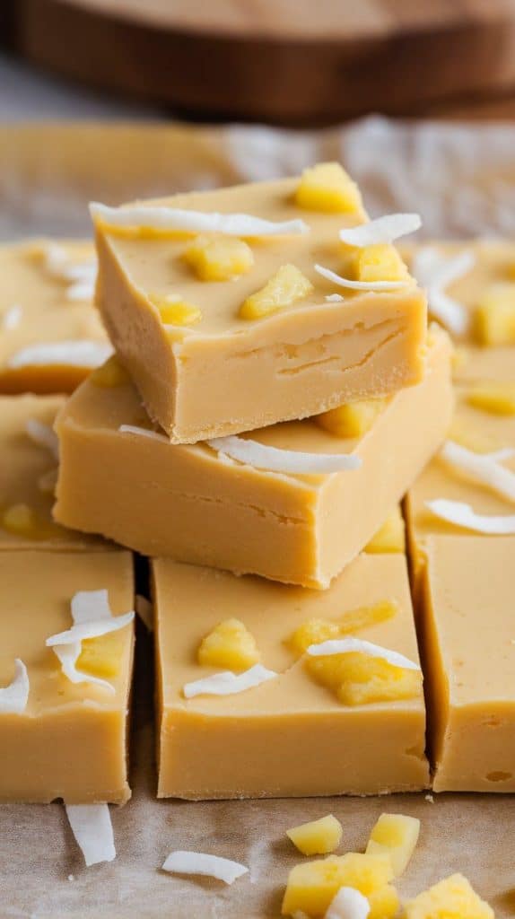A super close-up shot of Piña Colada Fudge squares stacked on parchment paper