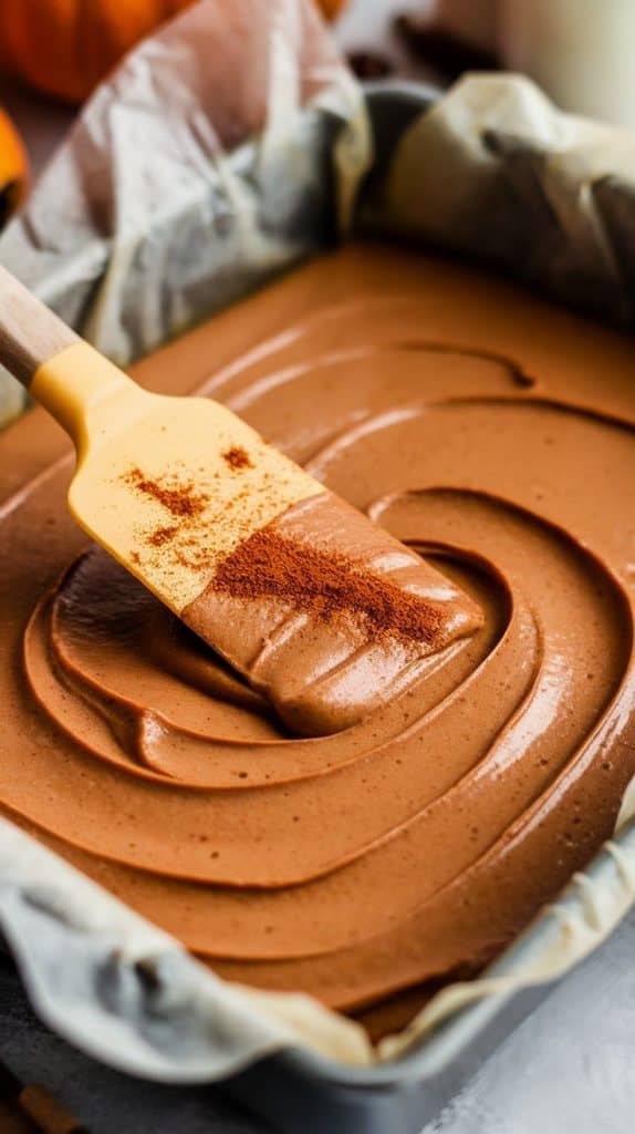 A super close-up shot of a spatula spreading smooth pumpkin spice fudge into a parchment-lined baking dish
