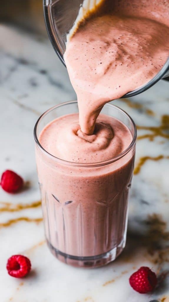 a thick, creamy Raspberry Cheesecake Protein Shake being poured from a blender into a tall glass, filling it to the top