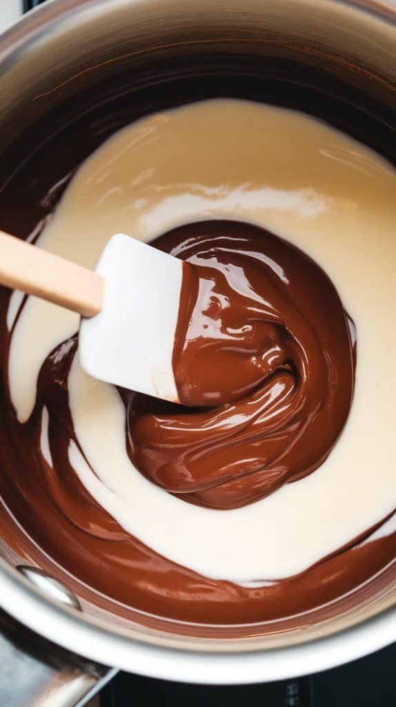 A super close-up shot of a spatula stirring melted white and semi-sweet chocolate, sweetened condensed milk, and butter