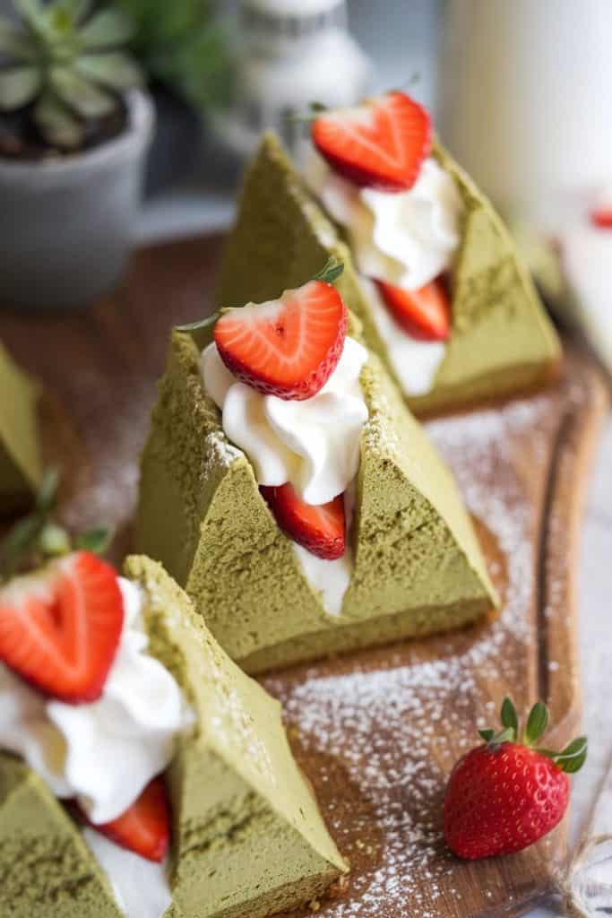 matcha-flavored cake, cut into triangular shapes.