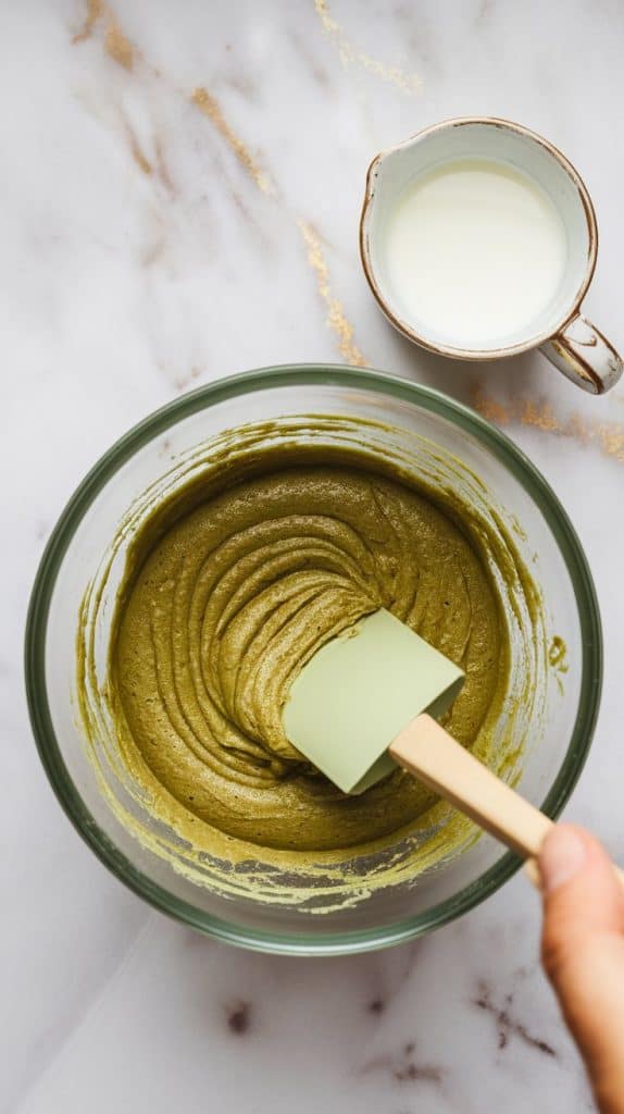 matcha cupcake batter being folded gently with a spatula, showing a soft green color and smooth consistency