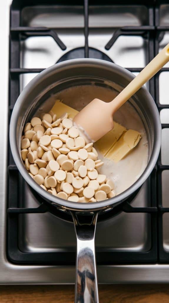 a heatproof bowl sitting over a saucepan, filled with semi-melted white chocolate chips, thick sweetened condensed milk, and softened butter