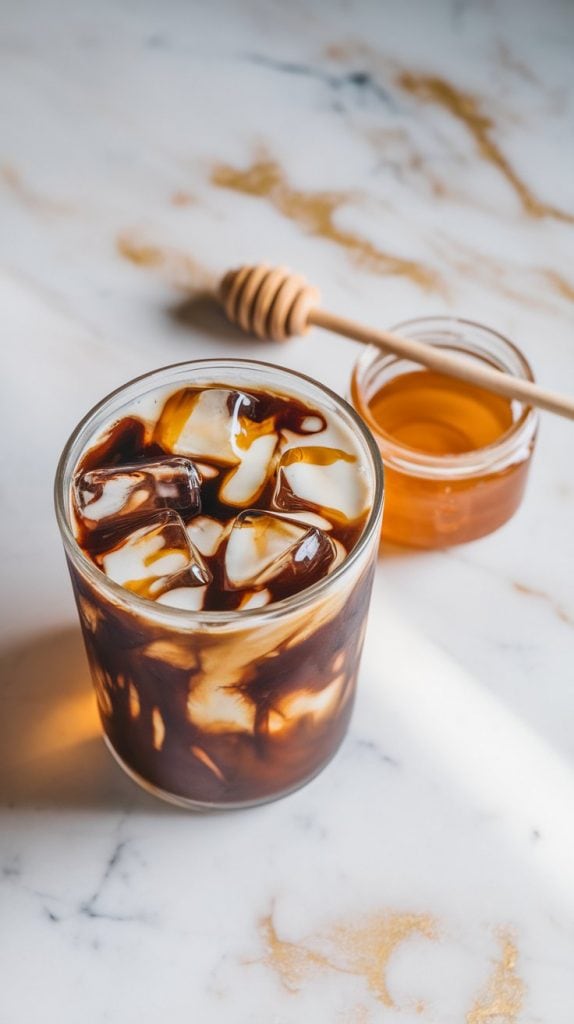 a glass filled with dark, rich cold brew swirled with creamy milk and drizzled with golden honey with clear ice cubes floating on top and glistening in the light
