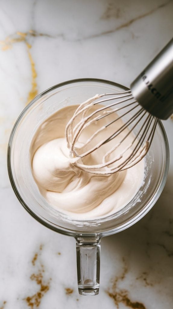a glass mixing bowl (no handle) with glossy, stiff-peaked meringue