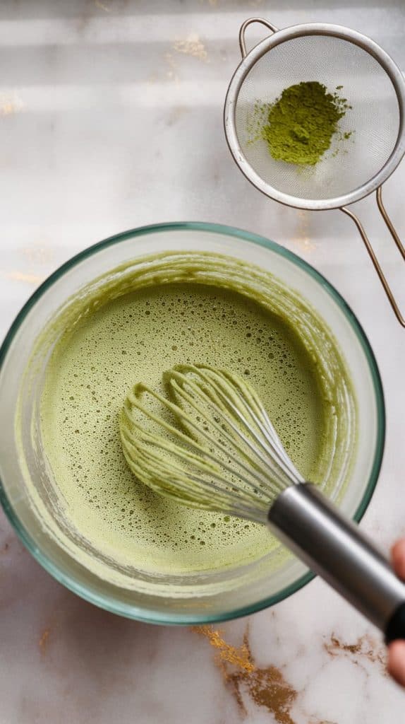 a mixing bowl with a smooth, pale green crepe batter being whisked