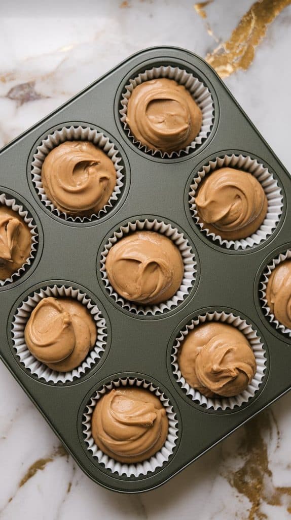 a muffin tin lined with white muffin liner filled with matcha chocolate-coated liners, each now holding a smooth, rounded scoop of peanut butter filling in the center