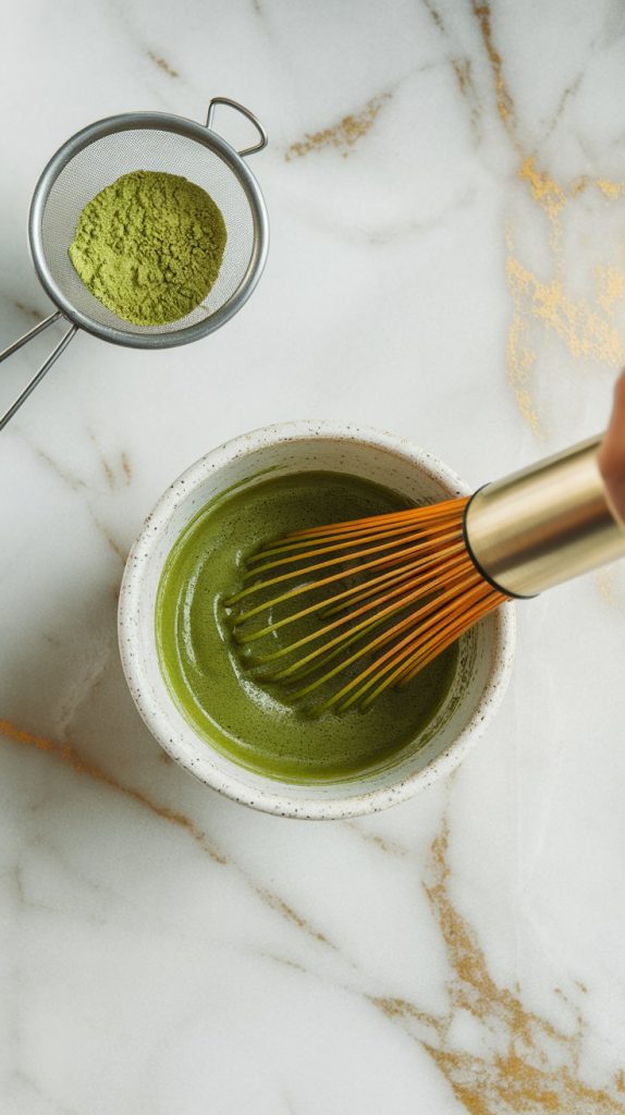 a small bowl with bright green matcha glaze being whisked until smooth and glossy