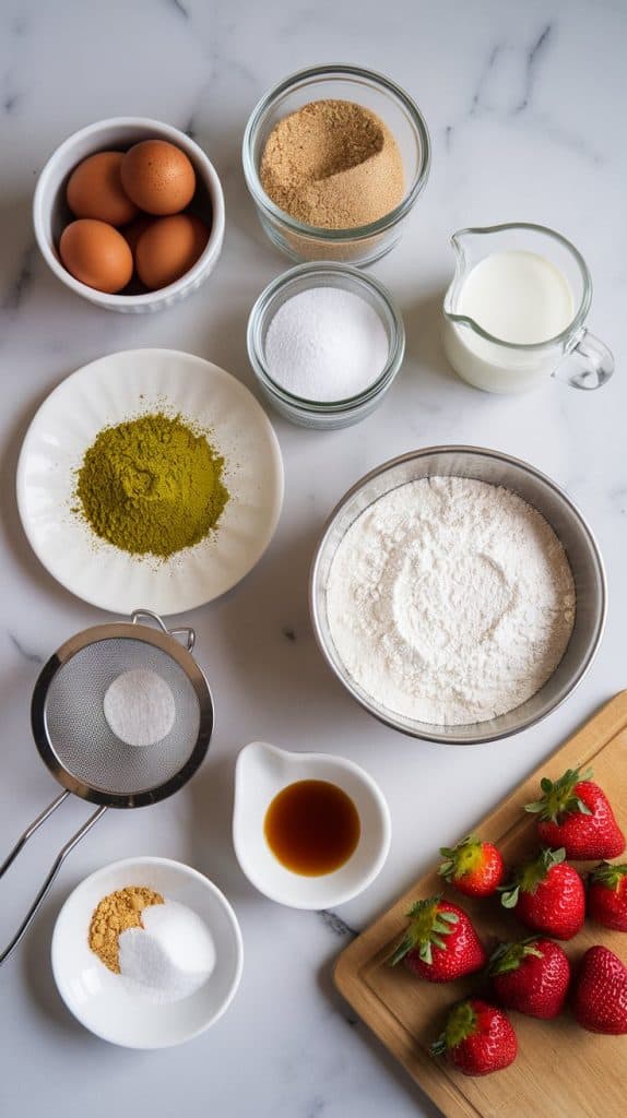 all ingredients for matcha chiffon cake sandwiches