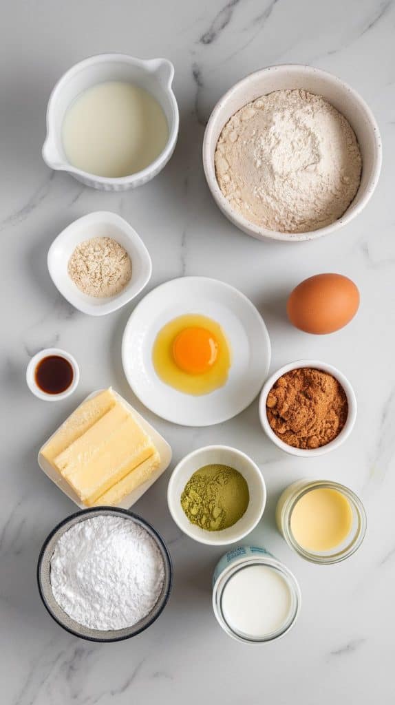 all ingredients laid out for making matcha-glazed cinnamon rolls