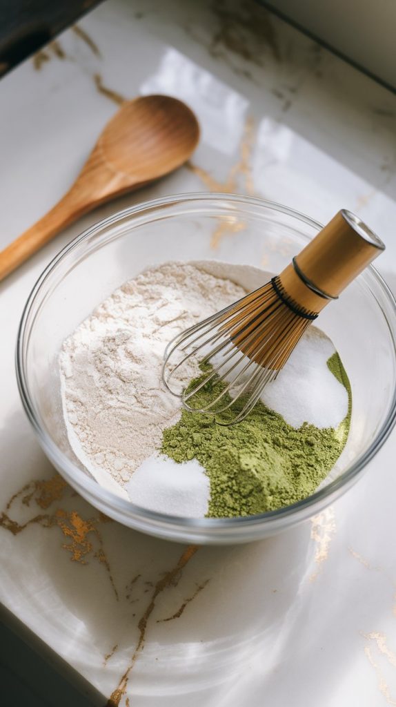 a glass mixing bowl filled with flour, baking powder, baking soda, matcha powder, salt, and granulated sugar, all freshly whisked together with a small metal whisk