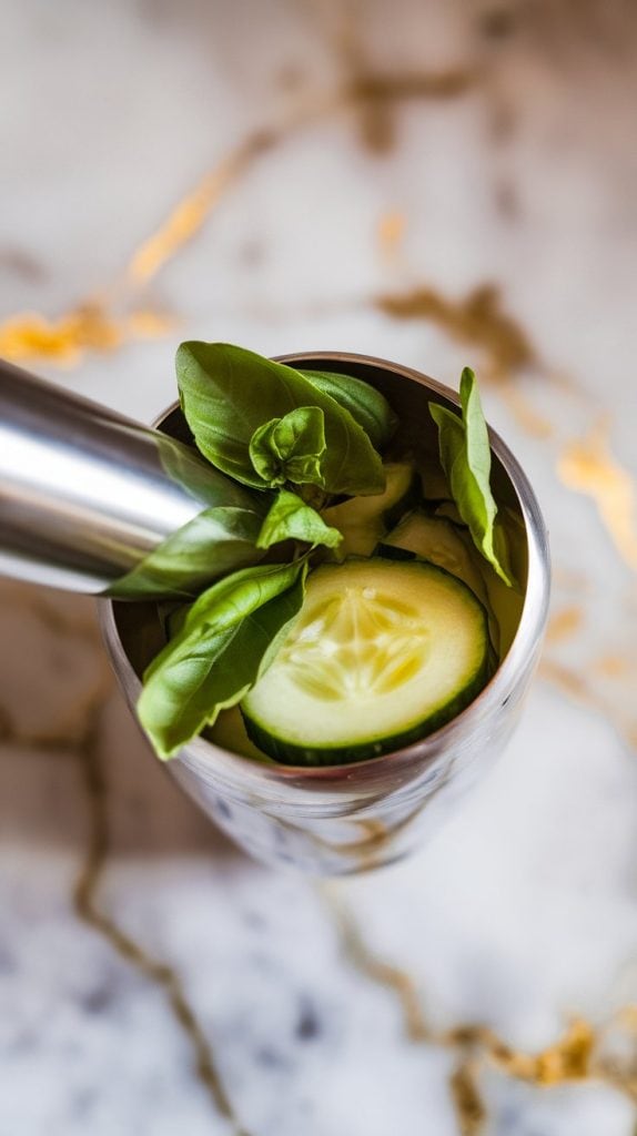 a cocktail shaker with fresh cucumber slices and vibrant green basil leaves being muddled