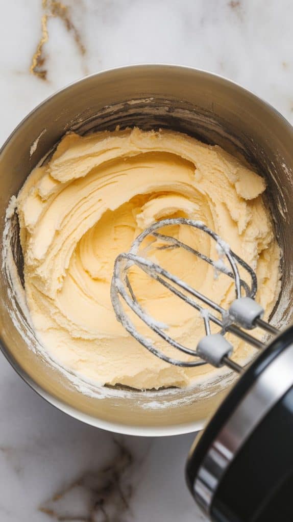 a mixing bowl with softened butter and granulated sugar being whipped with a hand mixer