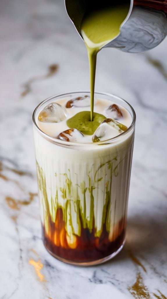 a tall glass on a white marble counter with hints of gold, filled with ice cubes, brown sugar syrup at the bottom, creamy milk in the middle, and vibrant green matcha being poured in