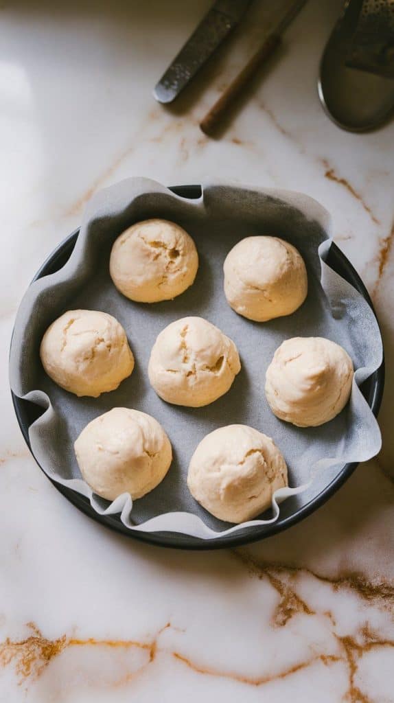 a parchment-lined baking sheet with round mounds of cloud bread batter, slightly domed and fluffy