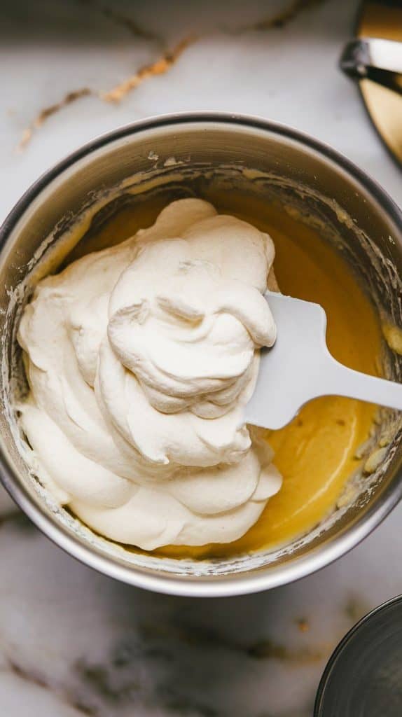 Ultra close-up of a mixing bowl with thick, fluffy whipped cream being gently folded into the cooled lemon pudding using a spatula.