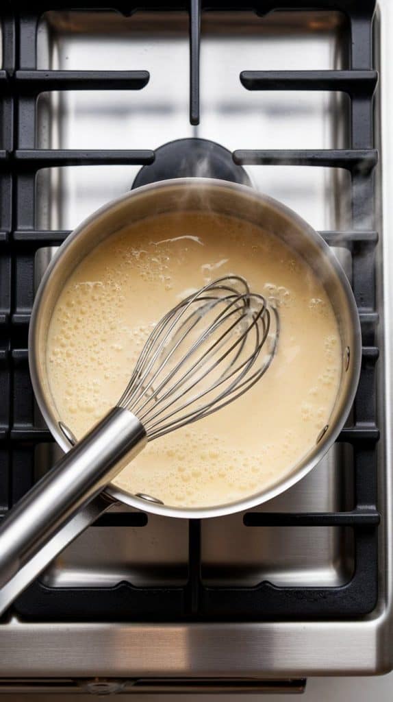 Ultra close-up of a saucepan on a modern stainless steel gas stove, with a smooth, pale yellow pudding mixture being whisked as it thickens.