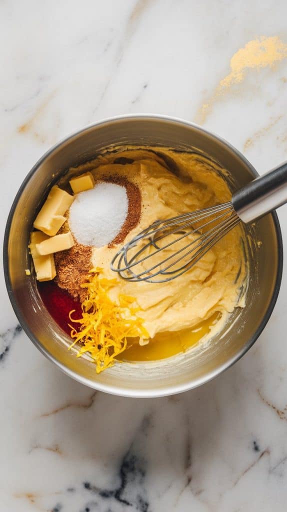 a mixing bowl with mashed bananas, melted butter, granulated sugar, honey, eggs, vanilla extract, lemon juice, and bright yellow lemon zest being whisked together