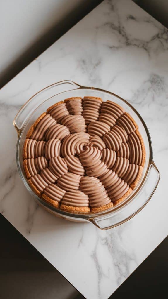 a glass dish with alternating layers of coffee-soaked biscuits and creamy mocha filling, each layer evenly spread with a spatula