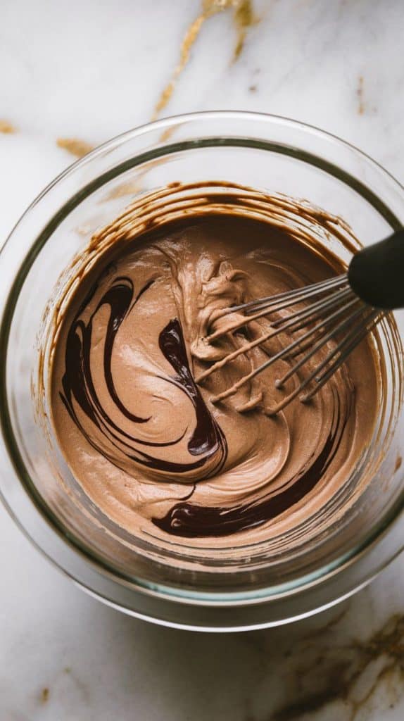 a glass mixing bowl filled with thick, velvety mocha cream, dark chocolate swirls blending into the mixture as a whisk stirs